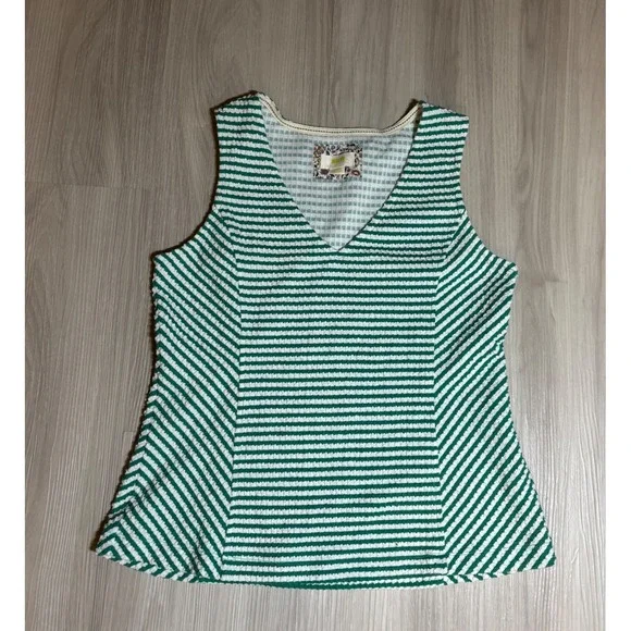Maeve Tank Top Womens L Green White Striped Peplum V Neck Textured - Picture 1 of 13
